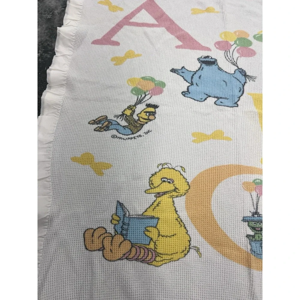 Vtg Sesame Street Baby Blanket Thermal Waffle Satin Trim Muppets Big Bird ABCs